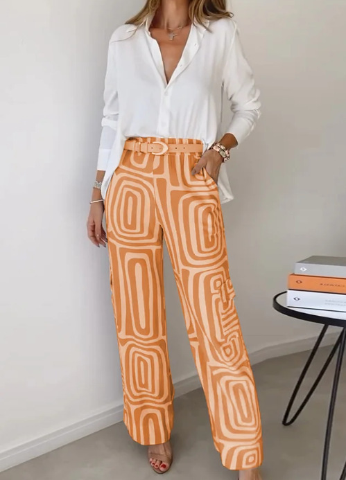 Women's Digital Print Shirt and Wide-Leg Pants Two-Piece Set