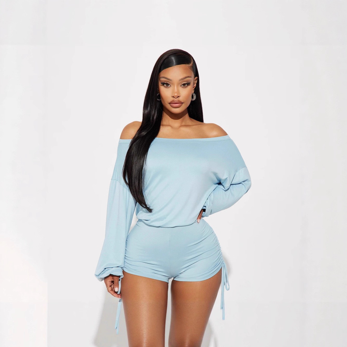 Women's Off-Shoulder Long Sleeve Ruched Drawstring Jumpsuit