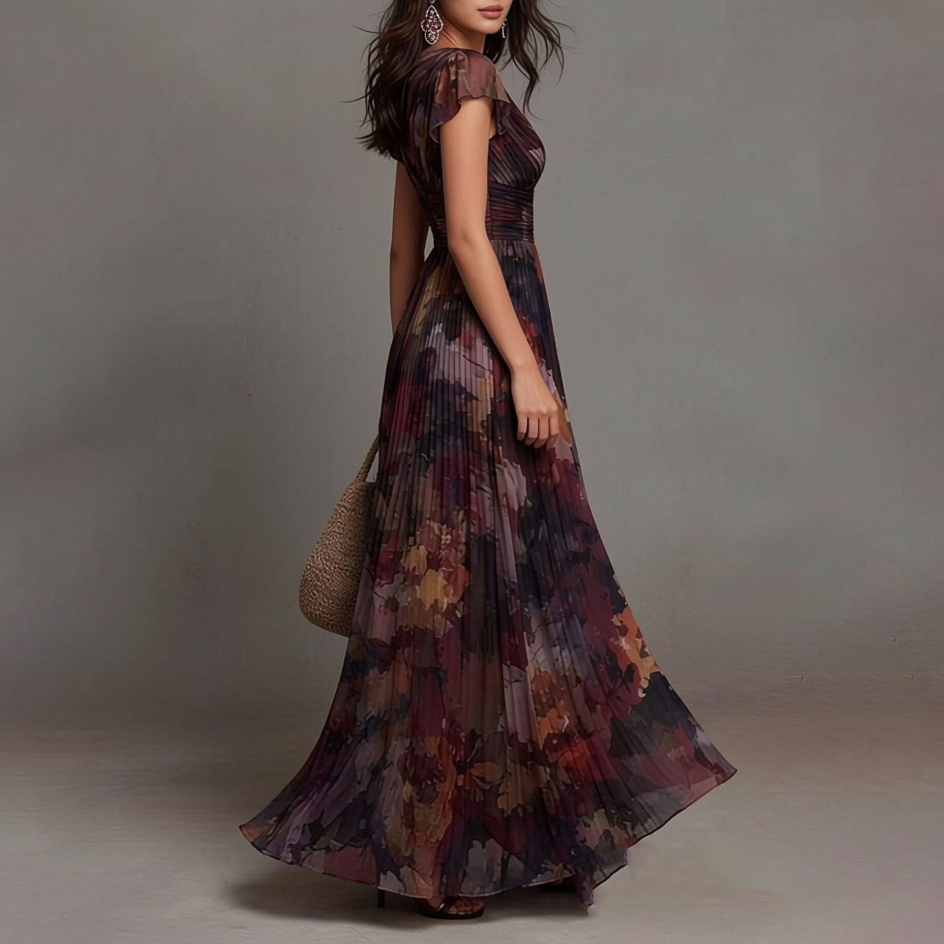 Elegant Floral Print V-Neck French Midi Dress