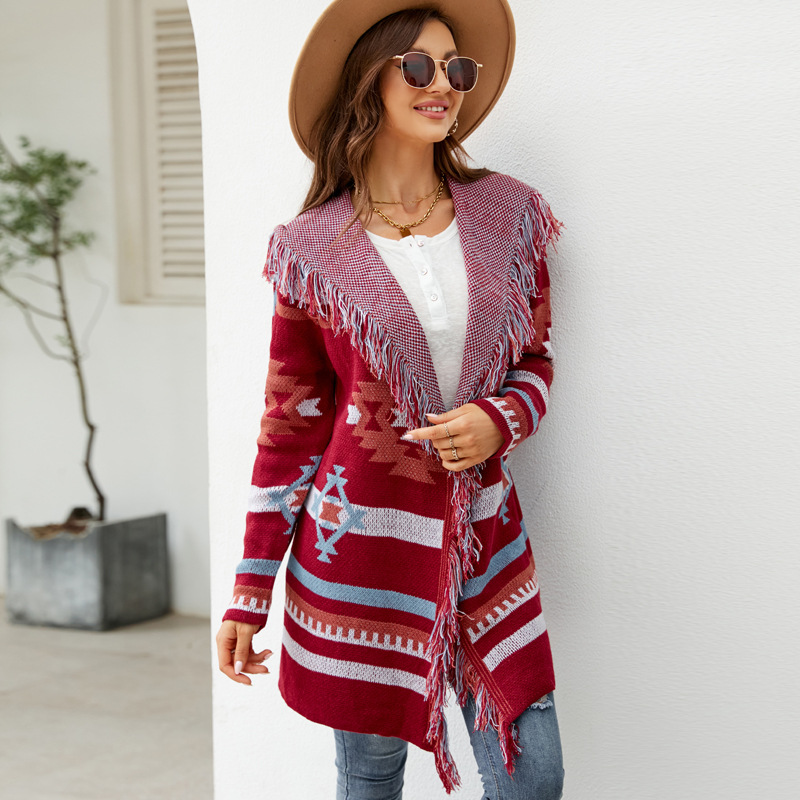 Oversized Hooded Long Fringe Geometric Jacquard Cardigan