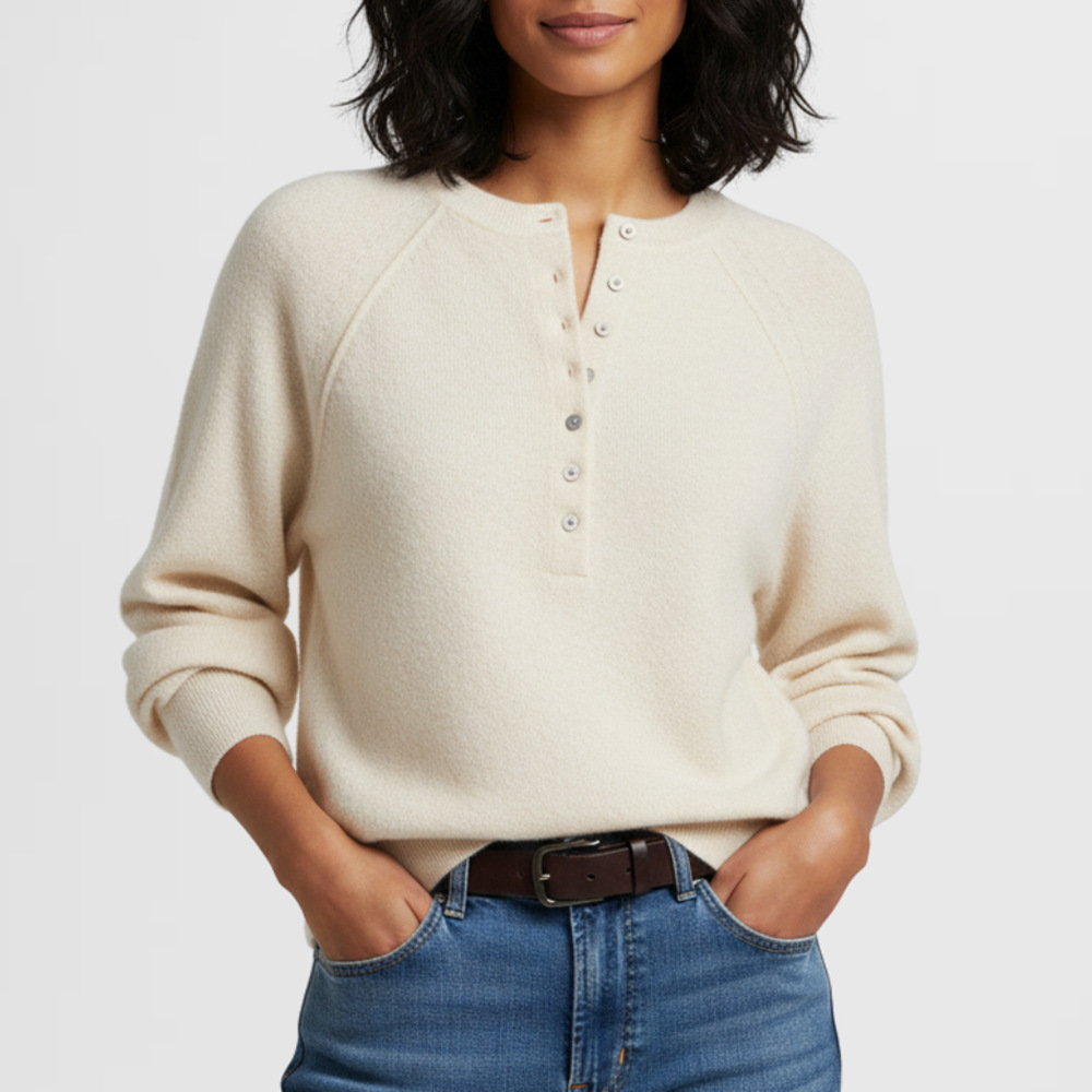 Women's Casual Crewneck Button-Front Knit Henley Sweater