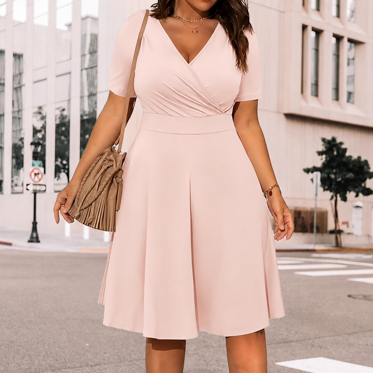 Women's V-Neck Pleated Midi Dress Short Sleeve Solid Color