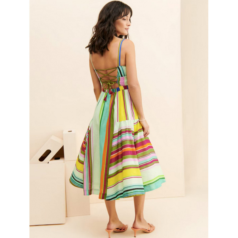 Colorful Striped Cami Dress Boho Back Cutout Fringe Tie Pocket Maxi