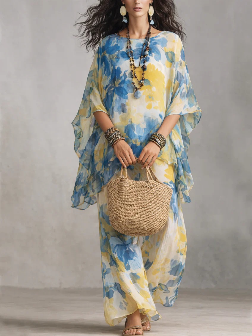 Elegant Floral Two-Piece Dress Set with Long Skirt and Loose Fit