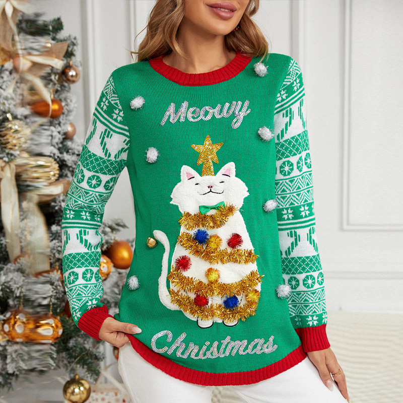 Christmas Pullover Sweater with Cat Embroidery Jacquard Knit