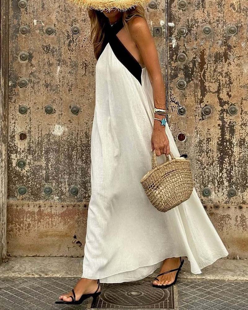 Elegant Halter Cross Back Color Block Maxi Dress