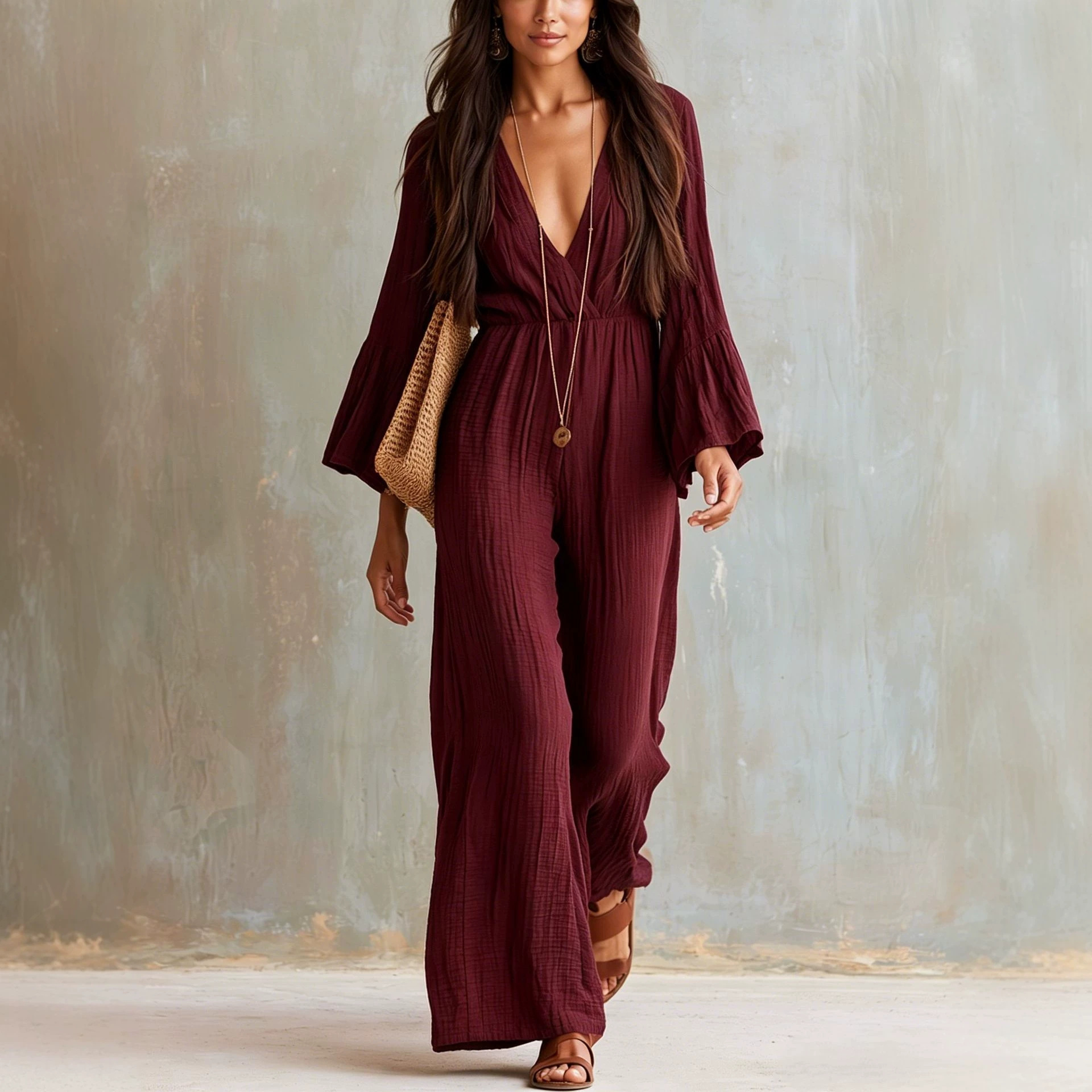 Women's Long Sleeve V-Neck Boho Wide Leg Jumpsuit