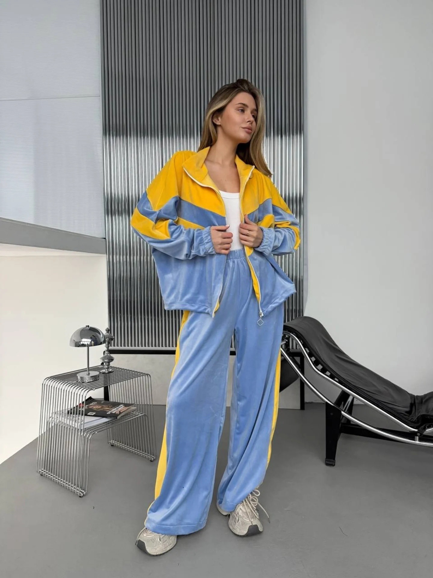 Women's Colorblock Zip Cardigan & Wide-Leg Pants Set