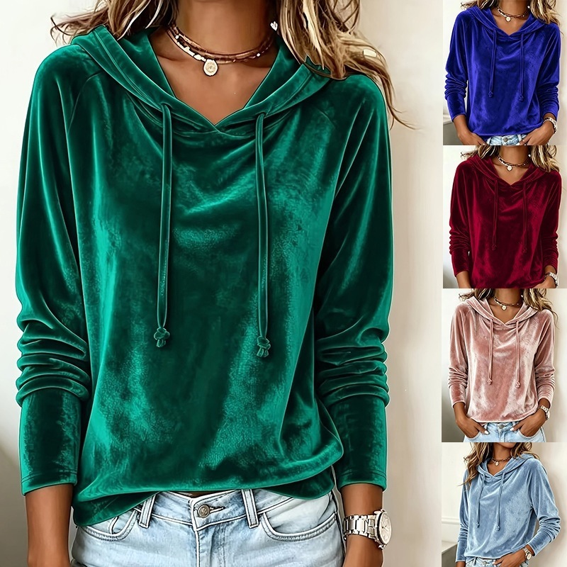 Women's Solid Velvet Pullover Top with Hood