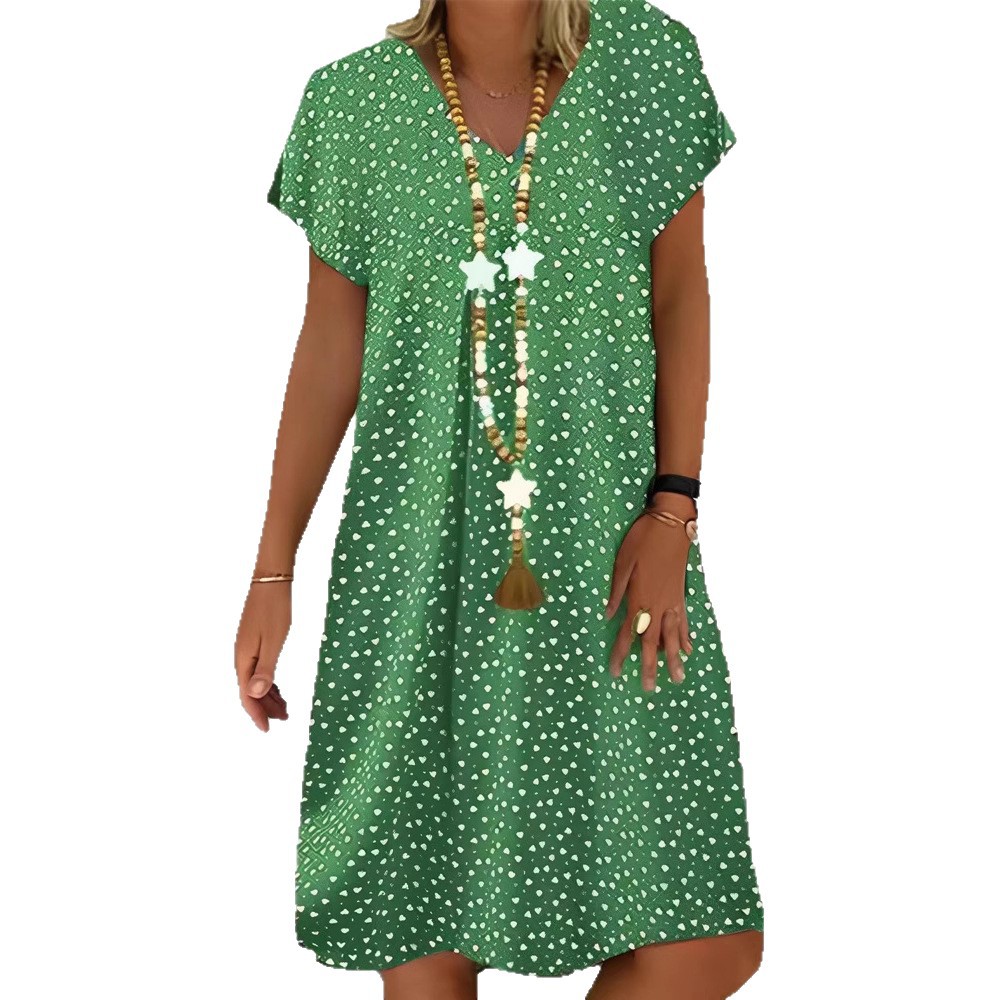 Casual V-Neck Short Sleeve Polka Dot Heart Print Midi Dress