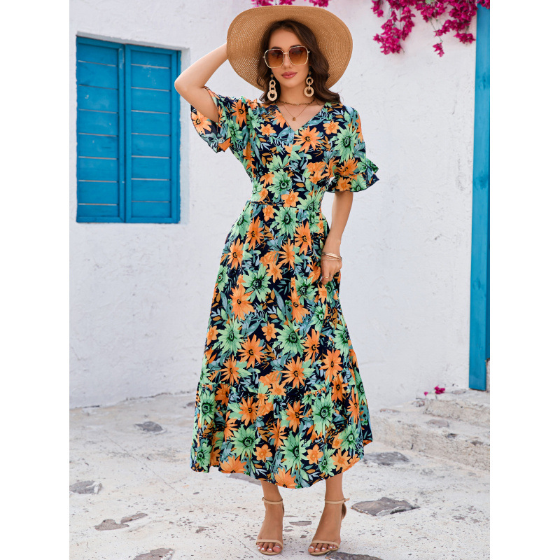 Boho Floral Print V-Neck Batwing Sleeve Ruffle Tiered Maxi Dress