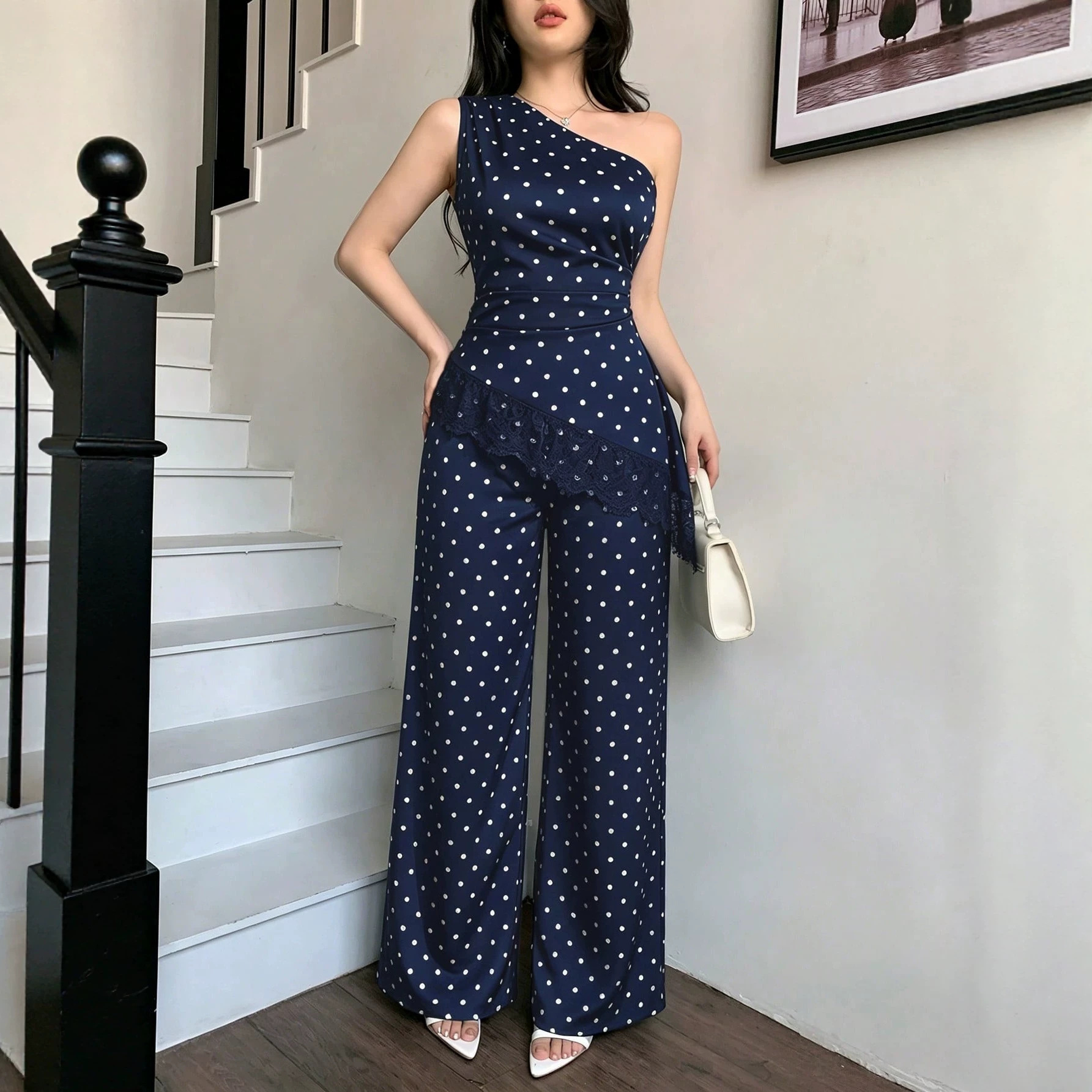 Polka Dot One-Shoulder Lace Trim Top and Wide-Leg Pants Two-Piece Set