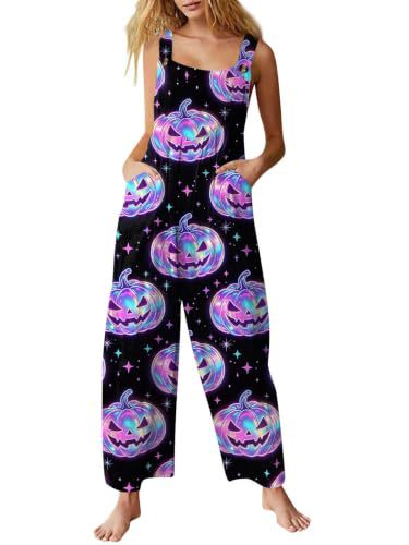 Women's Halloween Pumpkin Cat Print Sleeveless Jumpsuit Casual