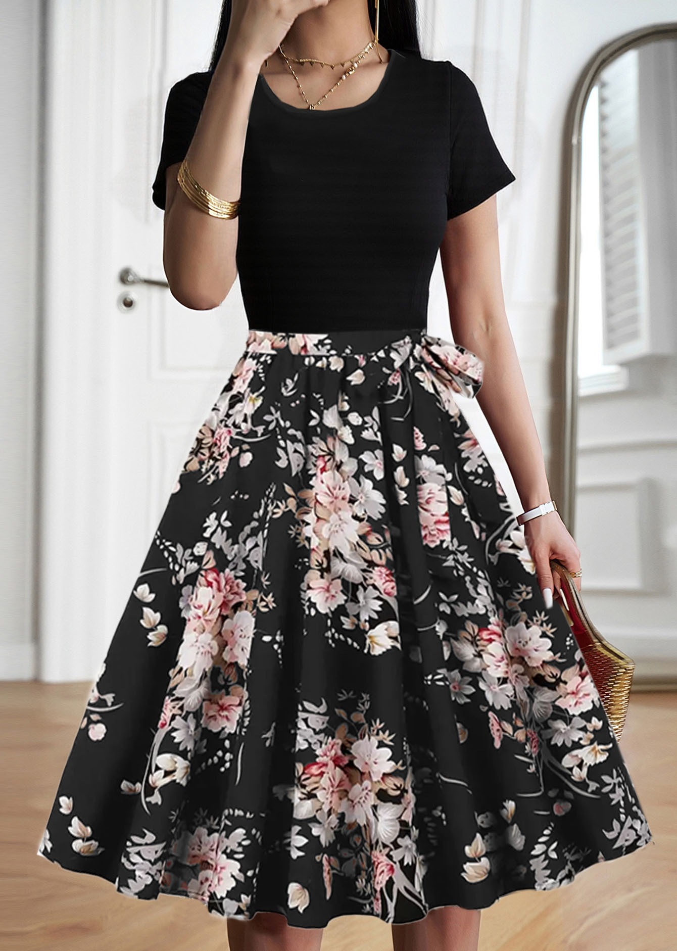 Women's Vintage Patchwork Midi Dress with Belt