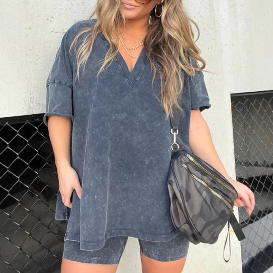 V-Neck Faux Denim Two-Piece Set with Short Sleeve Tee and High-Waist Shorts
