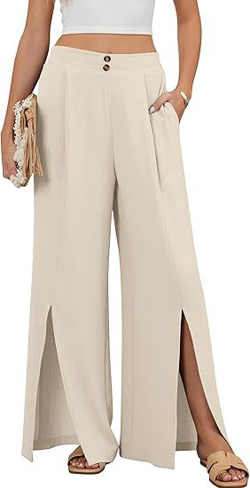 Women's High-Waist Wide-Leg Solid Casual Pants with Elastic Waist