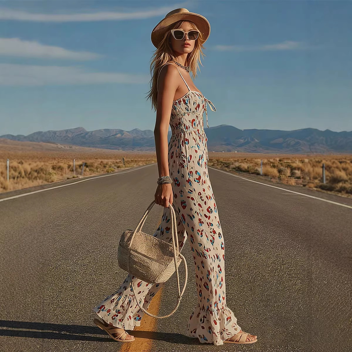 Boho Western Leopard Print White Ruffle Square Neck Chiffon Jumpsuit