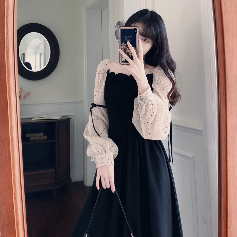 Plus Size Women's Waist-Cinching Midi Dress A-Line Square Neck Lantern Sleeve Colorblock