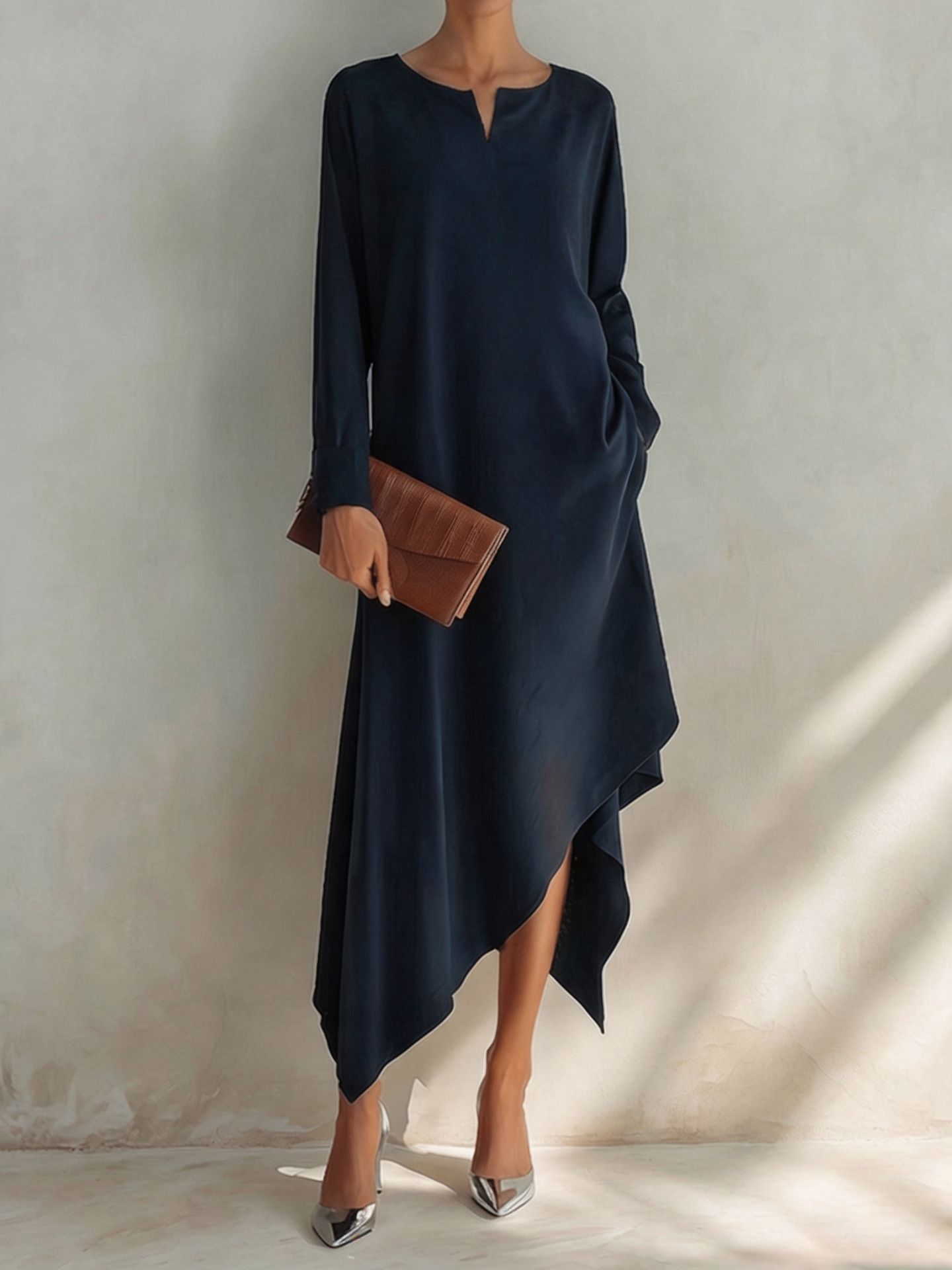 Solid V-Neck Asymmetrical Hem Cotton-Blend Midi Dress