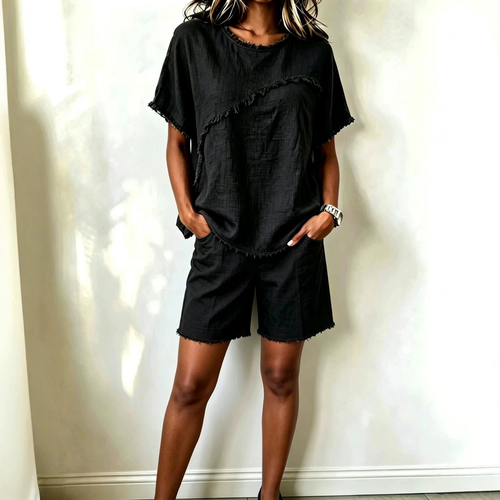 Women's Linen Two-Piece Set Crewneck Top & Shorts Casual