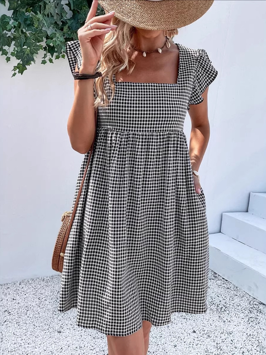 Ruffle Sleeve Square Neck Plaid High Waist Dress