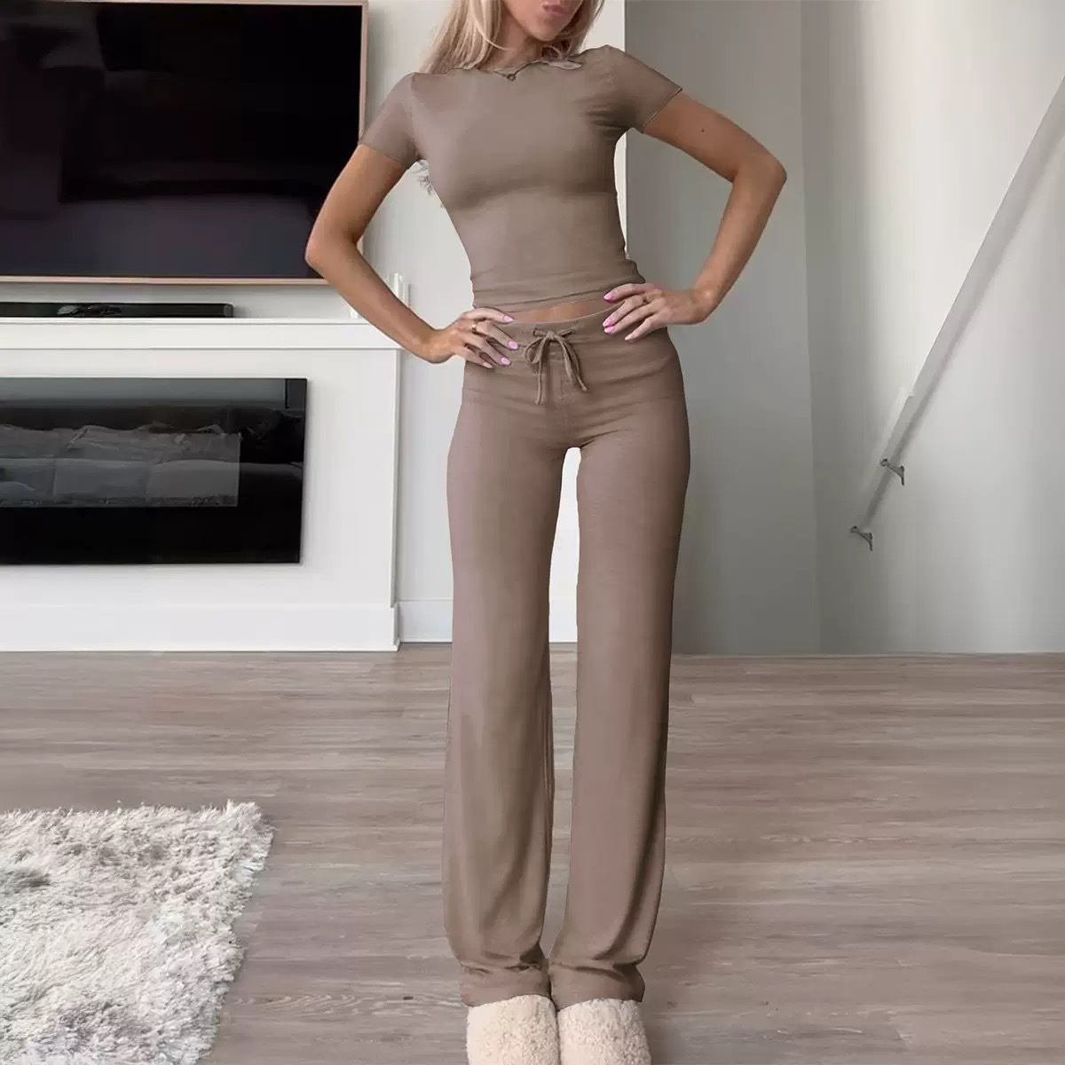 Women's Casual Two-Piece Set Short Sleeve Top & Long Pants