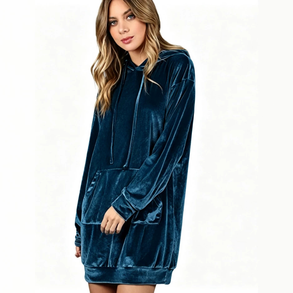 Velvet Hooded Sweatshirt Dress Oversized Pullover