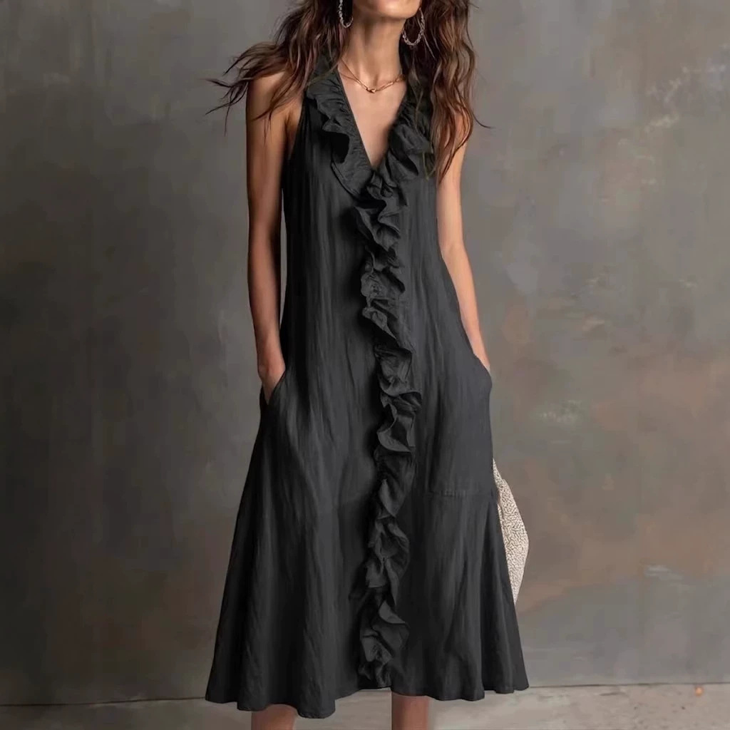 Women's Sleeveless V-Neck Ruffle Hem Maxi Dress Solid Color
