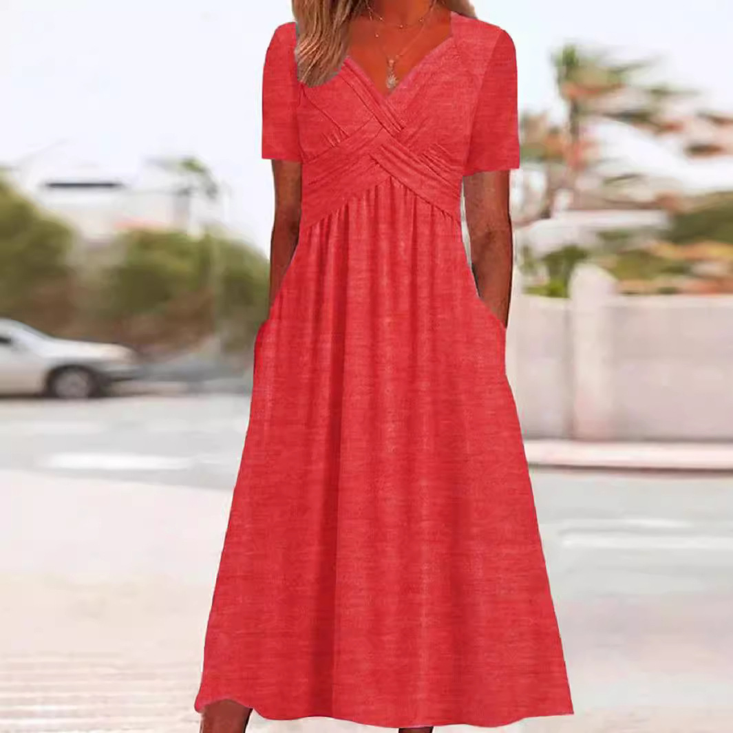 Women's Solid Color Short Sleeve Round Neck Umbrella Dress