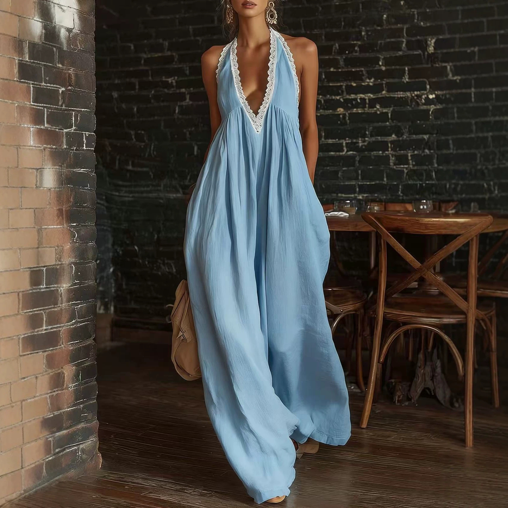 Women's Lace-Trim Loose Linen Jumpsuit Casual Elegant Sleeveless Straight-Leg