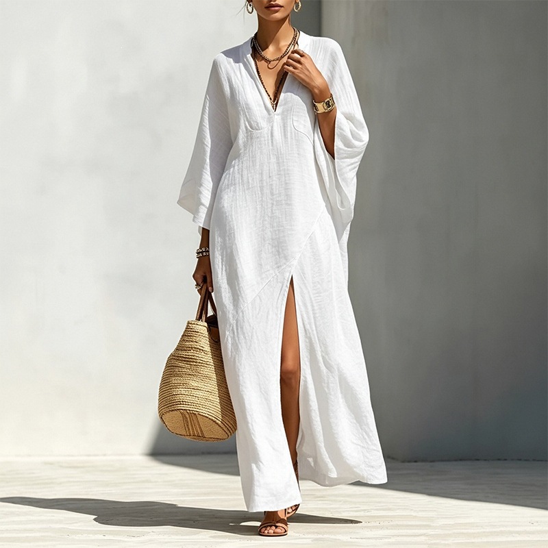 Women's Summer Batwing Sleeve Dress V-Neck High Waist Slit Long Dress