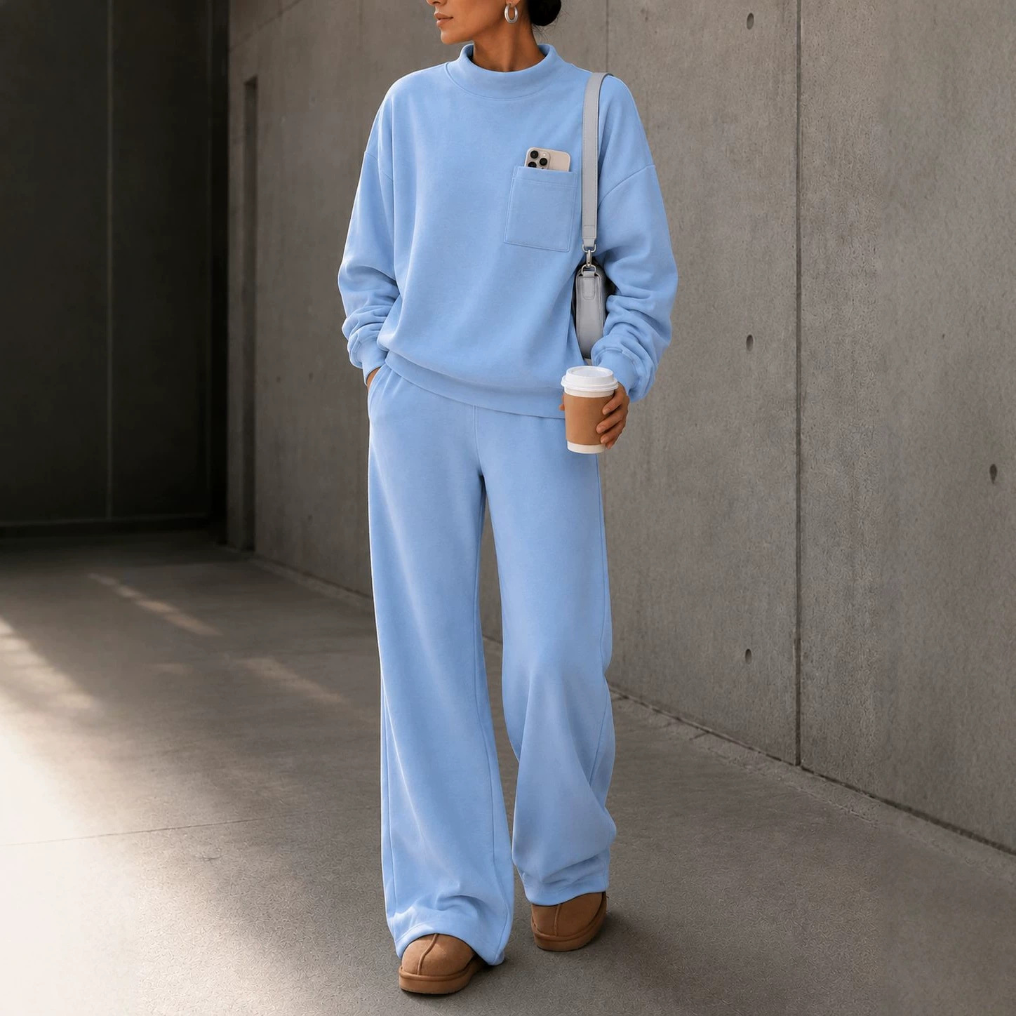 Women's Loose Stand Collar Sweatshirt & Wide-Leg Pants Set Solid Color Casual Sportswear