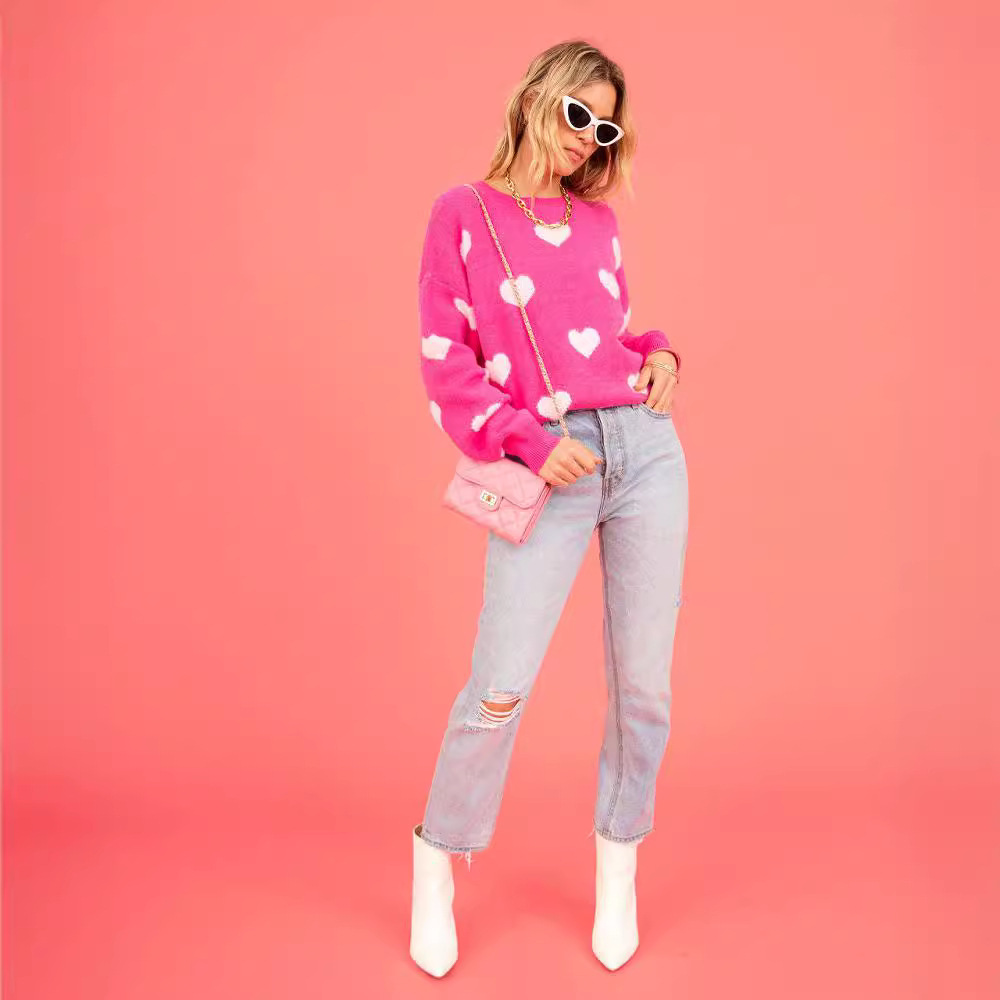 Heart Pattern Crewneck Pullover Sweater