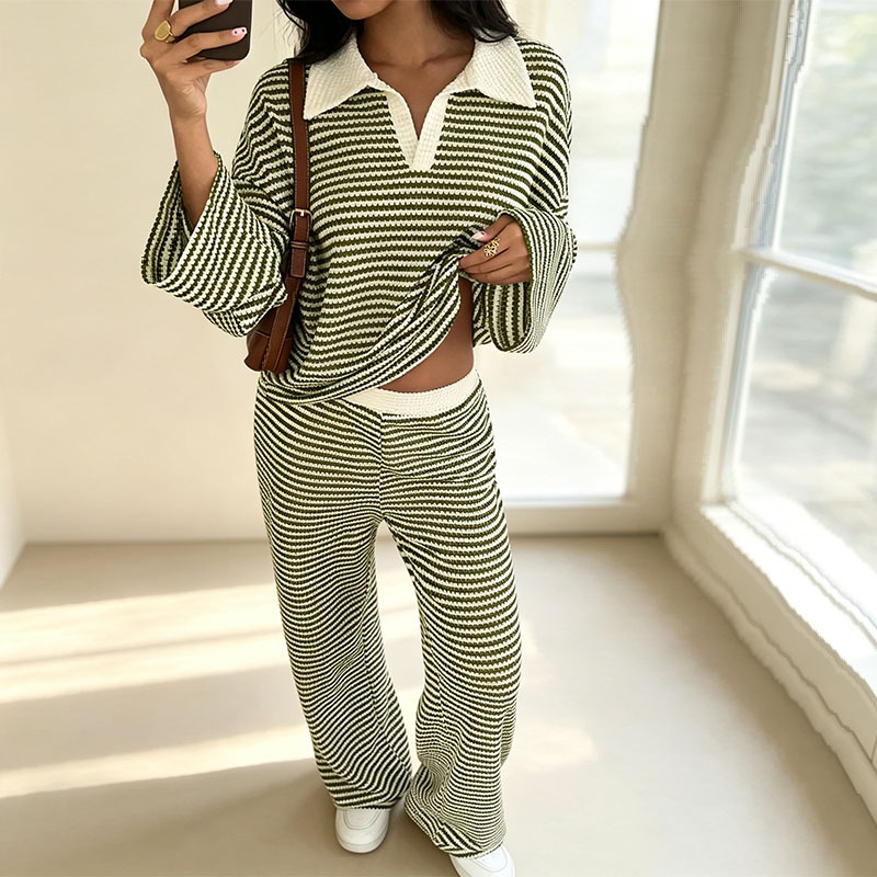 Striped Collar Neck Knit Two-Piece Set with Long Sleeve Top and High-Waist Wide-Leg Pants