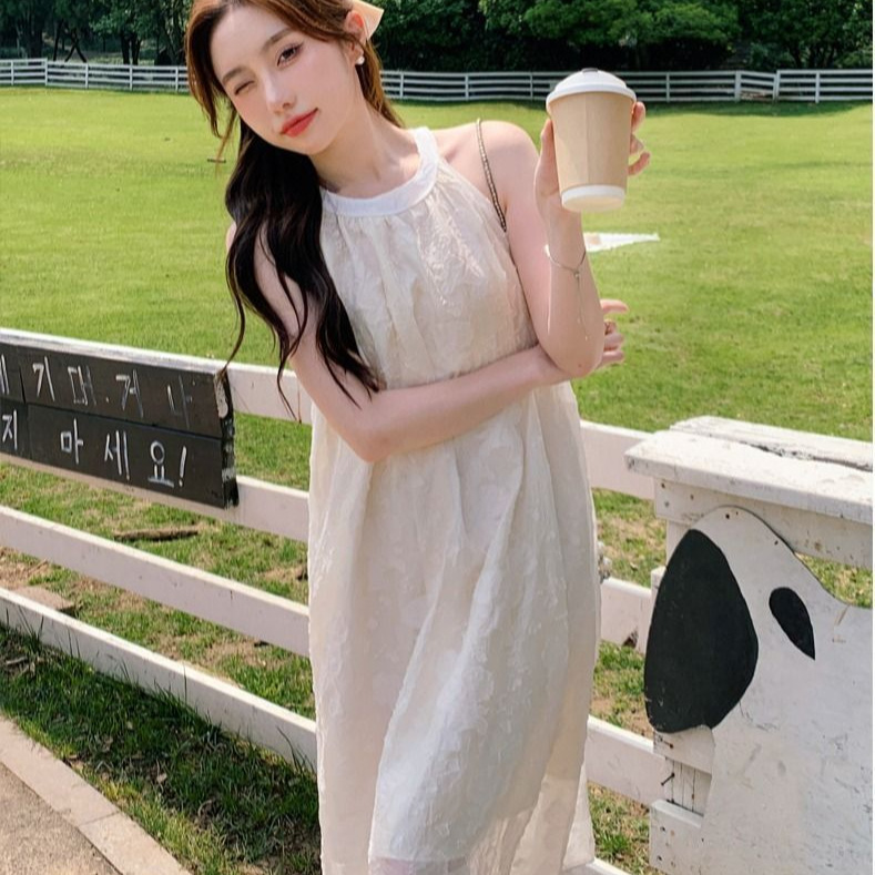 Women's Sleeveless Square Neck A-Line Midi Dress Solid Color Slimming French Style