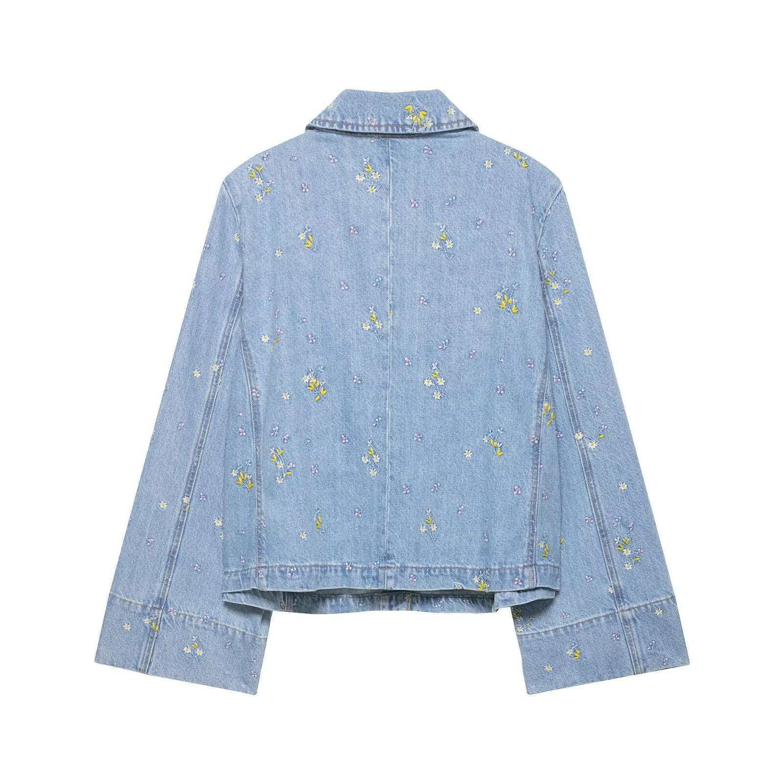 Women's Retro Floral Denim Two-Piece Set Long Sleeve Jacket & Capri Pants