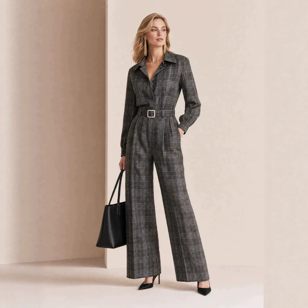Plaid Jumpsuit for Women High Waist Slimming Long Sleeve