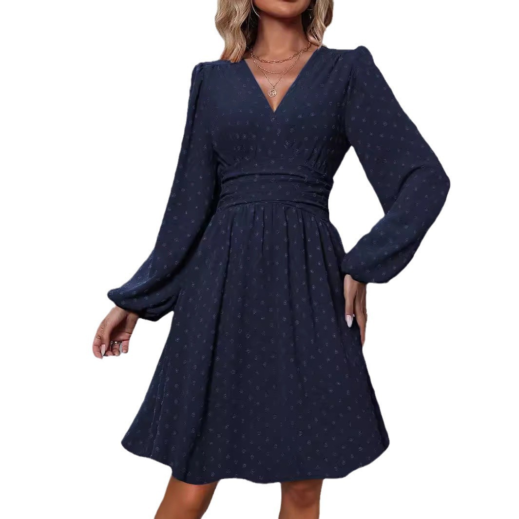 Women's Jacquard V-Neck Lantern Sleeve Smocked Dress