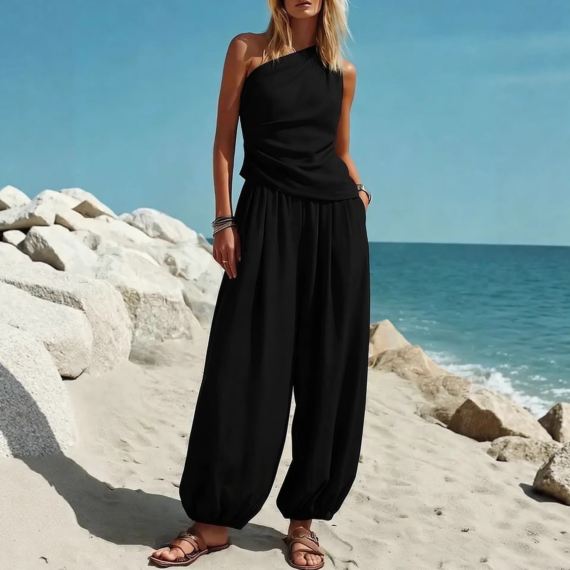 Women's Sleeveless Tank Top and High-Waist Pants Set Solid Color Casual