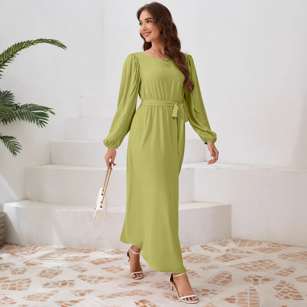 Women's Lantern Sleeve Midi Dress with Tie Belt
