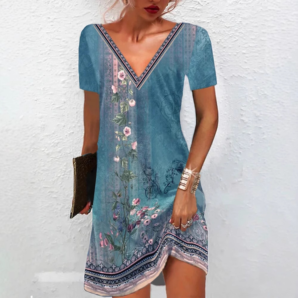 Ethnic Floral Print V-Neck Short Sleeve A-Line Midi Dress