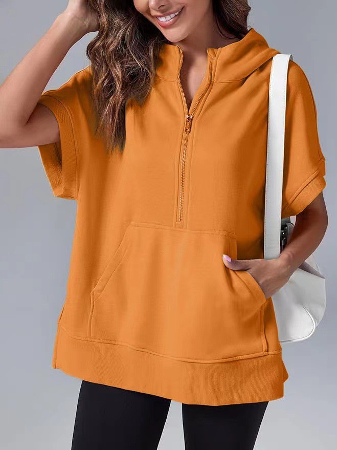 Solid Color Casual Short Sleeve Hooded Sweatshirt