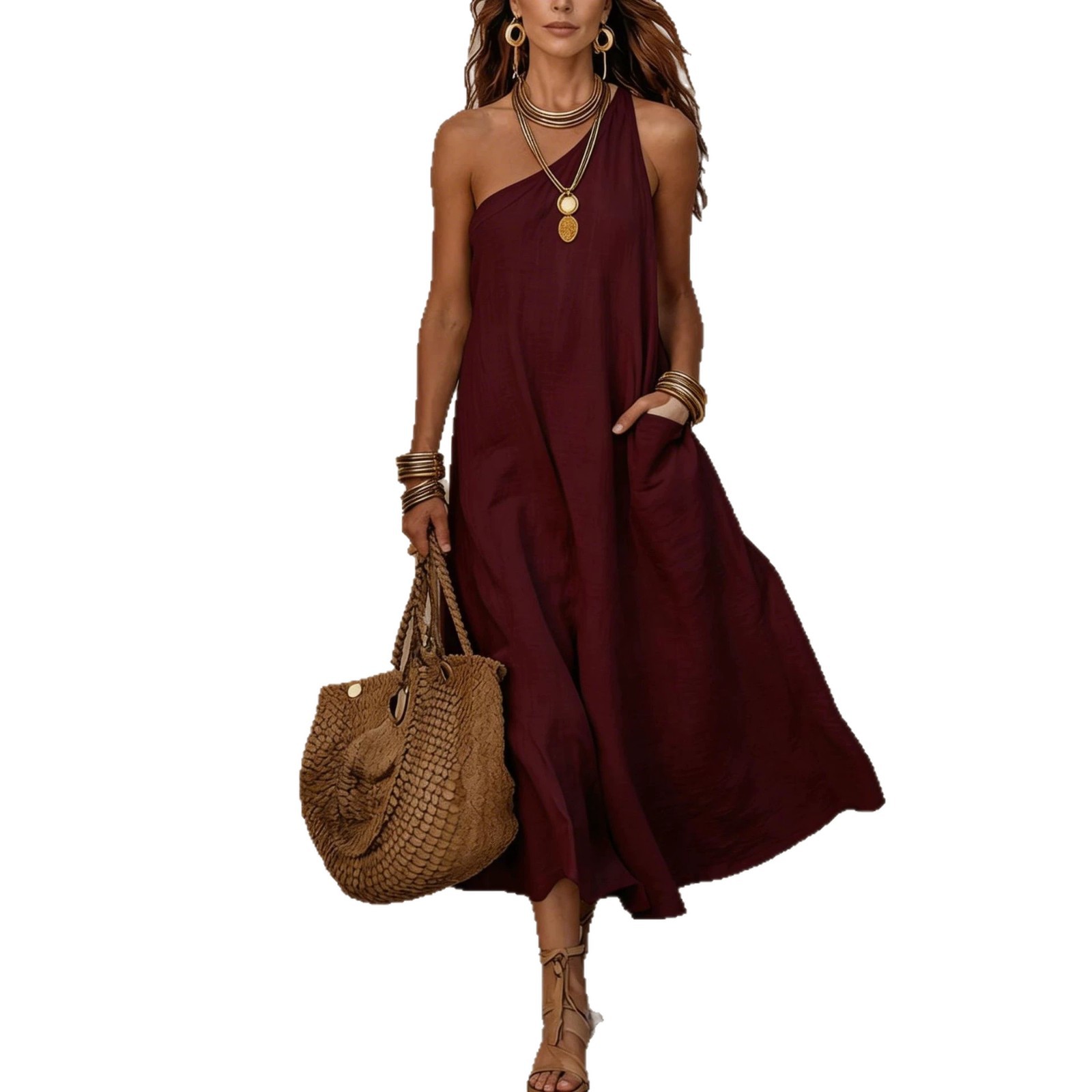 One-Shoulder Solid Color Sleeveless A-Line Maxi Dress