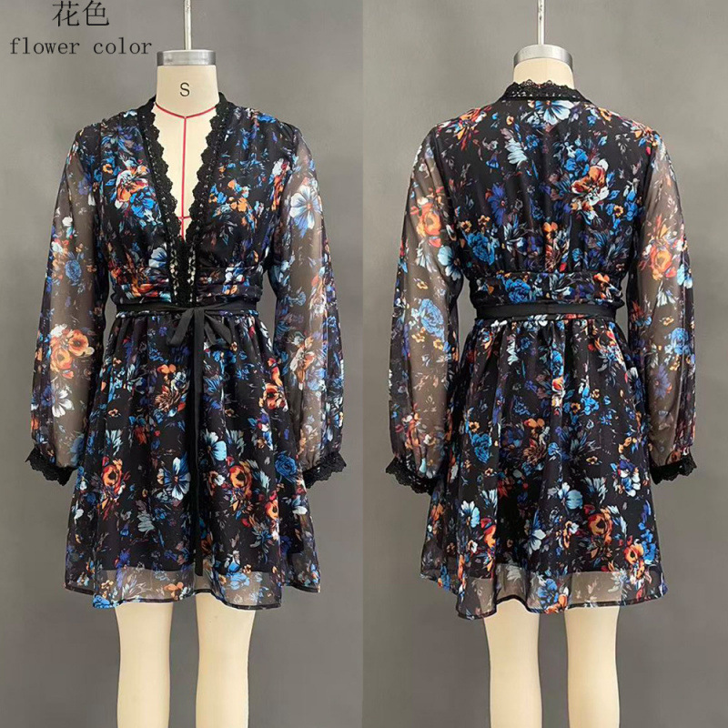 Women's V-Neck Long Sleeve Organza Dress with Waist Cinch