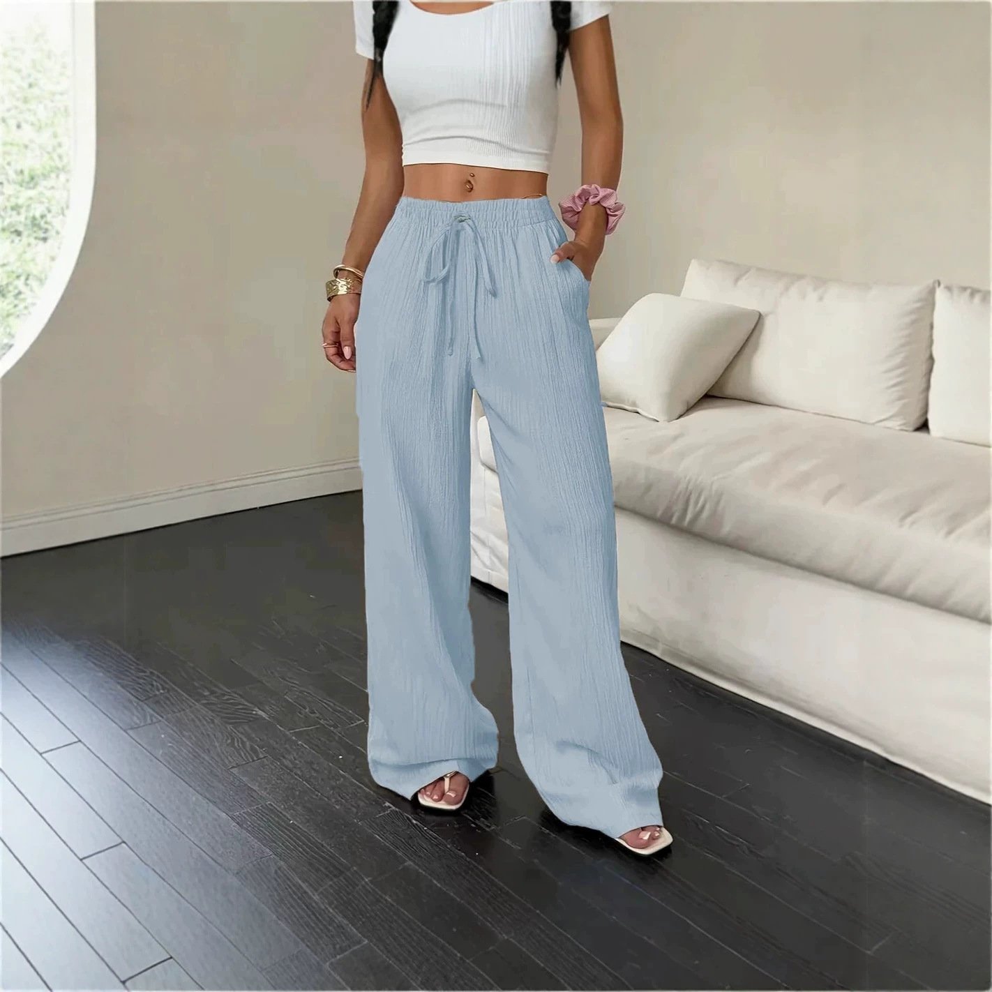 Women's Textured Straight-Leg Elastic Waist Pants