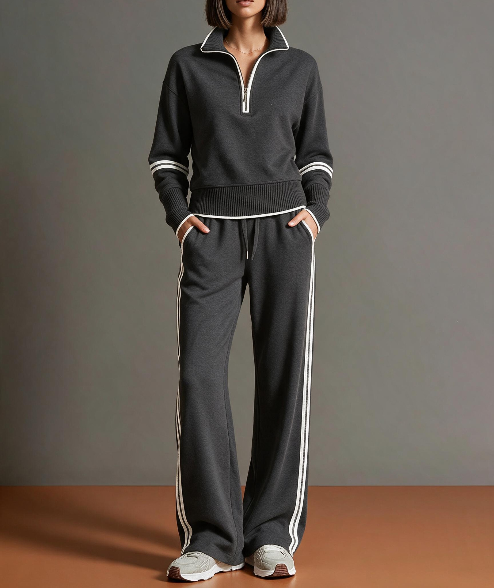 Colorblock Stand Collar Hoodie & Wide-Leg Pants Two-Piece Set