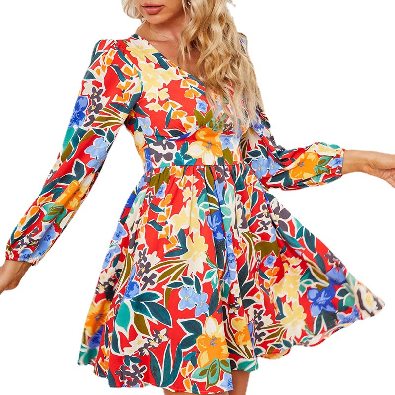 Abstract Print V-Neck Long Sleeve Slim Fit Short Dress