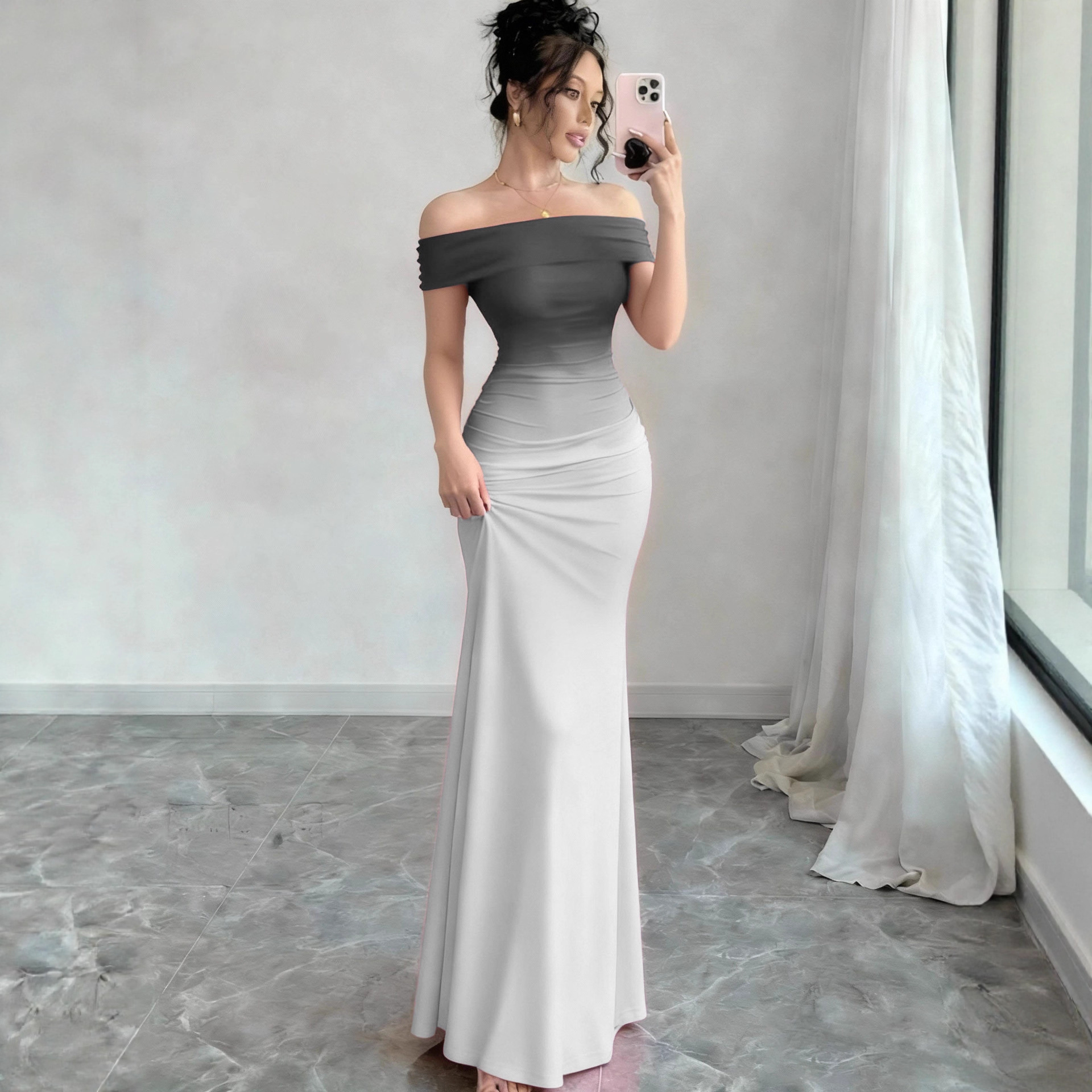 Gradient Off-Shoulder Short Sleeve Bodycon Long Dress
