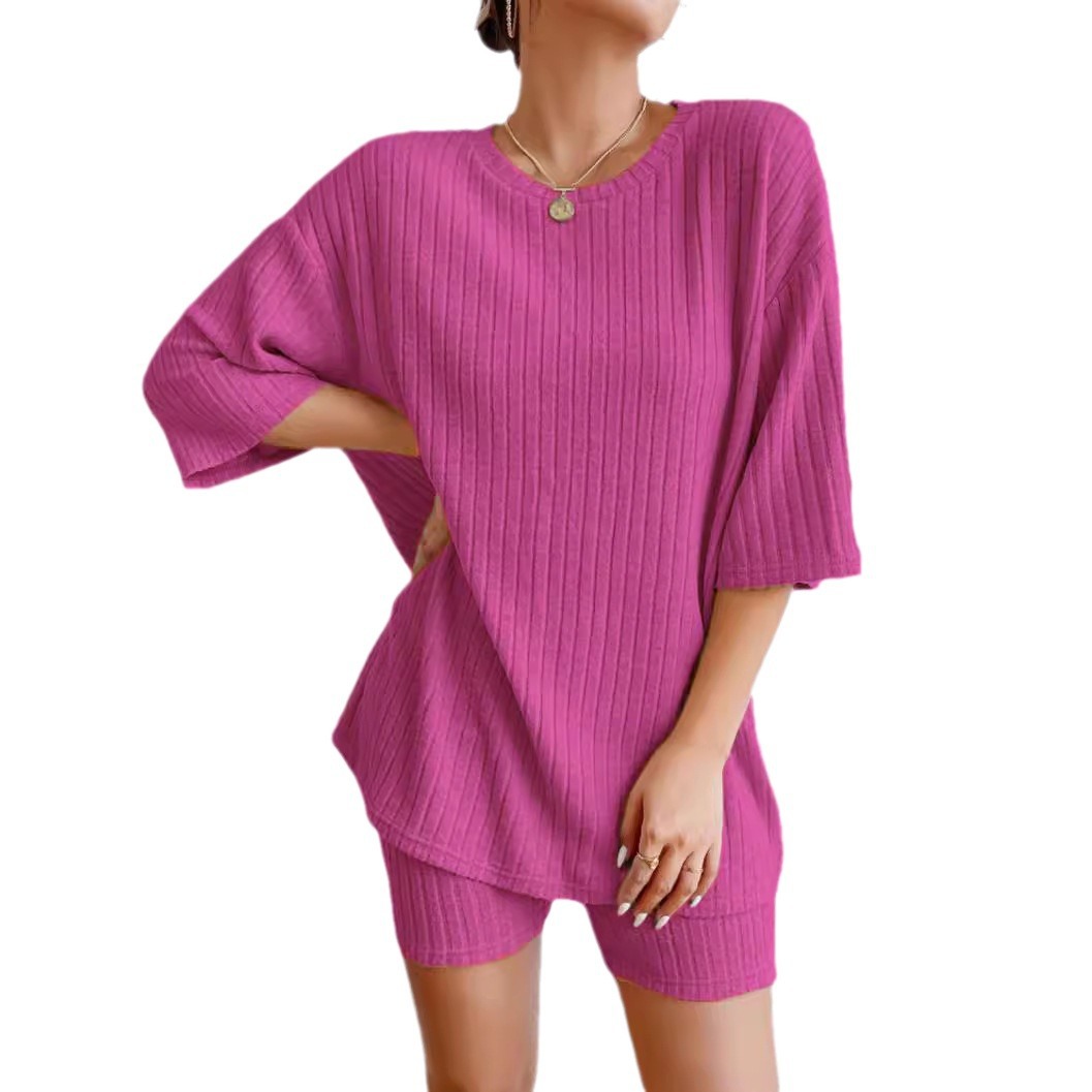 Women's Solid Color Round Neck Loose Shorts Set