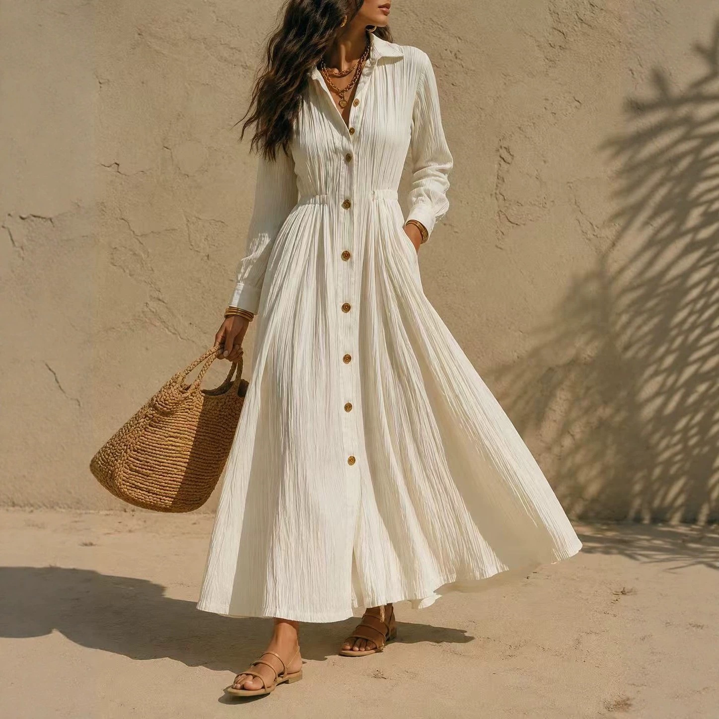 Single-Breasted Multi-Button Pleated Solid Color Long Sleeve Dress